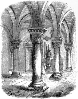 Crypt under the tower of the church in Göttingen, Germany, columns, vault, altar, church
