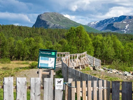 Start of hiking path Hulderstigen, upper valley of river Sjoa, bridge over the river, Jotunheimen,