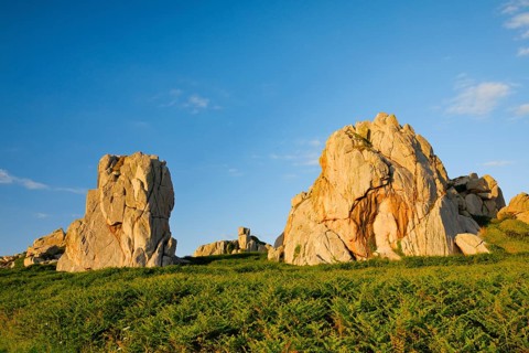 Large boulders in the evening light surrounded by ferns on the Pink Granite Coast in Brittany, Pors
