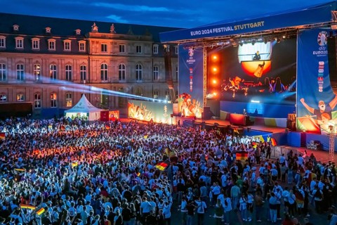 Public viewing at Neues Schloss in Stuttgart in the evening. 30, 000 people celebrate the German