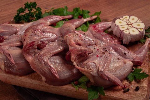 Raw quail meat, on a cutting board, with spices and herbs, top view