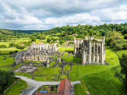 Rievaulx Abbey from a drone, North York Moors National Park, North Yorkshire, England, United