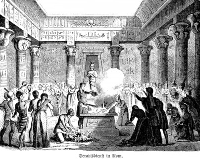Serapis service in Rome, cult of the gods, sacrifice ceremony, fire, smoke, crowd, interior,