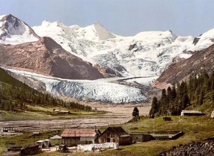 Upper Engadine, Roseg Glacier and Hotel, Graubuenden, Switzerland, Historic, digitally restored