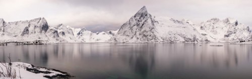 Panoramic picture, snowy mountains at the fjord, Hamnøy, Reine, Moskenesøya, Lofoten, Norway,
