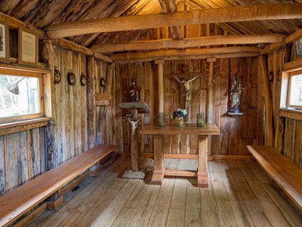 Interior of wooden chapel built by padre Ronchi, near Villa o' Higgins, Patagonia, Chile, South