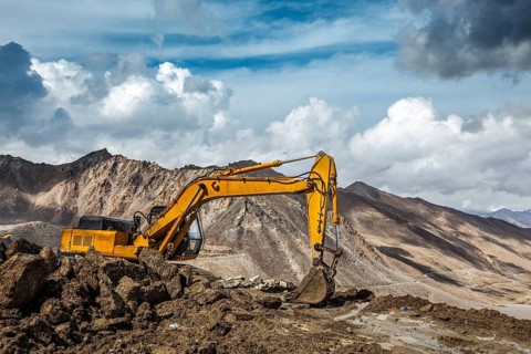 Road construction repair in mountains Himalayas. Ladakh, India, Asia