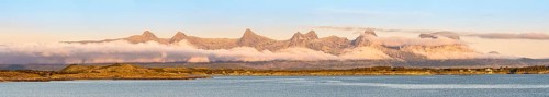 Panorama view of mountain chain 'seven sisters' near Sandnesssjøn, Helgeland, Norway, Europe