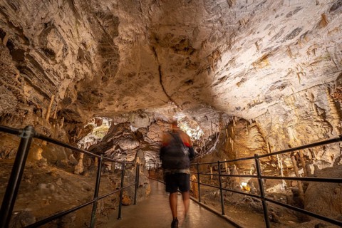 Tourist walking on a concrete walkway inside the famous postojna cave in slovenia, admiring the