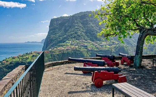 Fortress of Faial with cannons and view of the eagle rock, Penha d'Aguia, Miradouro do Fortim,