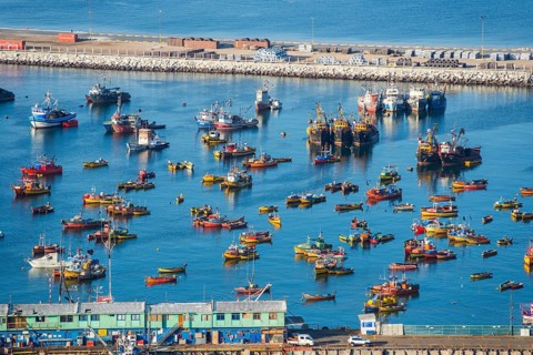 View from the Morro de Arica lookout mountain of the small colourful ships and boats in the fishing