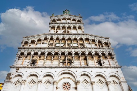 Round arches on the façade of the church of San Michele in Foro, historic city centre, Lucca,