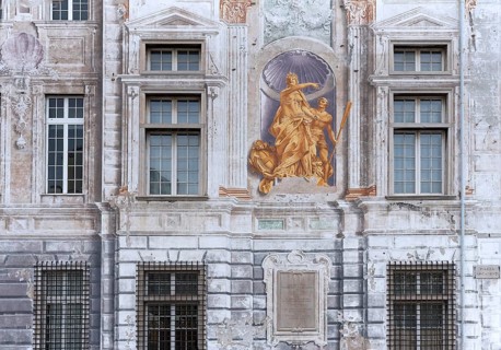 Façade fresco on the Palazzo San Giorgio, built in 1260, Piazza Caricamento, Genoa, Italy, Europe