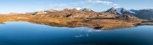 Aerial view, mountain peak and mountain lake, evening mood, Arabel Lake at Arabel Pass, Issyk Kul