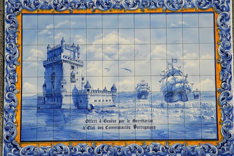 Azulejo with representation of the Torre de Belem, painted tiles, Ariana Park, Geneva, Canton of