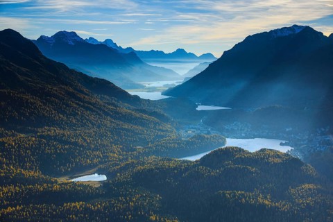 View from Muottas Muragl, Upper Engadine, Grisons, Switzerland, Europe
