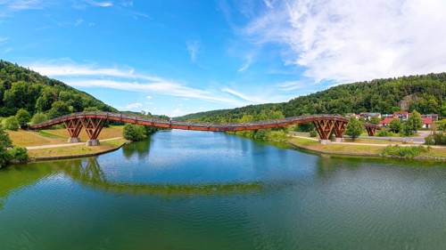 Aerial view, wooden span bridge, also called Tatzelwurm, 190 metres long, wooden bridge over