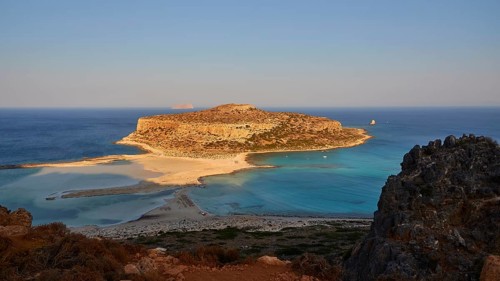 Morning light, lagoon, Tigani Island, Pontikos Island, cloudless blue sky, Gramvoussa Peninsula,