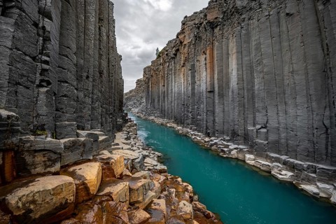 Stuðlagil Canyon, turquoise river between basalt columns, Egilsstadir, Iceland, Europe
