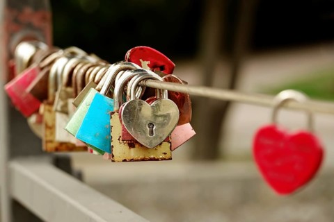 Love locks on a bridge railing, Bavaria, Germany, Europe