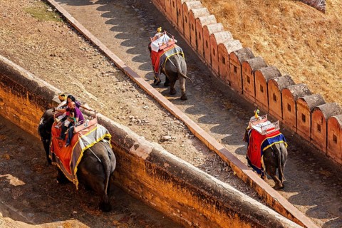 AMER, INDIA, NOVEMBER 18, 2012: Tourists riding elephants on ascend to Amer (Amber) fort,