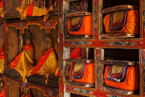 Folios of old manuscripts in library of Thiksey Gompa (Tibetan Buddhist Monastery) . Ladakh, India,
