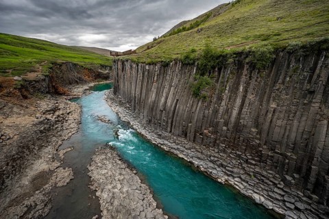 Stuðlagil Canyon, turquoise river between basalt columns, Egilsstadir, Iceland, Europe