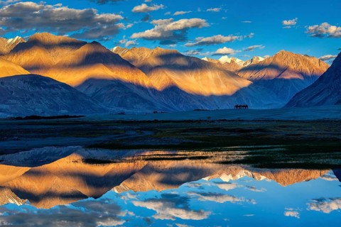 Himalayas on sunset with camel caravan. Hunber, Nubra valley, Ladakh, India, Asia