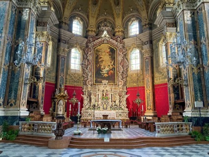 View from interior central nave nave to apse with altar of Bressanone Cathedral Brixen Cathedral