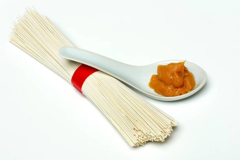 Noodles and light miso paste, paste, soy product, spoon, Japan, Asia