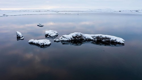 Snow-covered small islands overgrown with bushes in Lake Myvatn, at blue hour, Kalfaströnd, drone