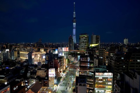City view with the Skytree, with 634 meters the highest television tower of the earth, blue hour,