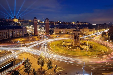 View Placa d'Espanya, Plaza de Espana, the Spanish Square in Barcelona, Catalonia, Spain with city