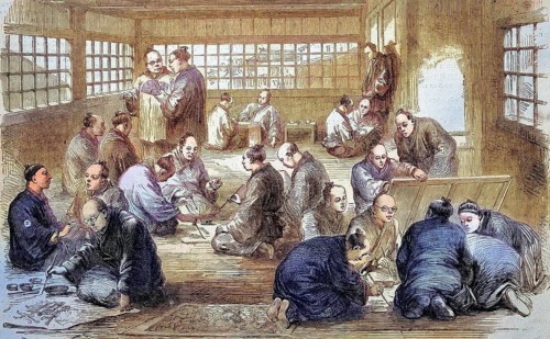 Art School, Men in a Painting School in Japan in 1869, Historic, digitally restored reproduction of