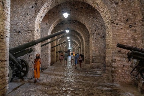 Interiors with the cannons of the fortress of the Ottoman castle of Gjirokaster or Gjirokastra.