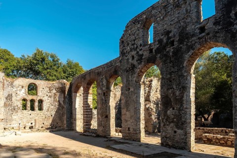 Arches in the Great Basilica in the archaeological ruins of Butrint or Butrinto National Park in