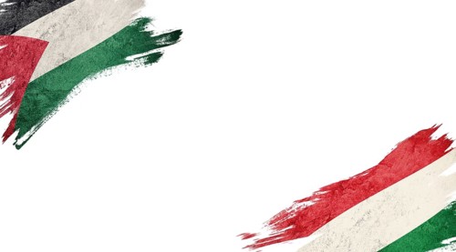Flags of Palestine and Hungary on white background