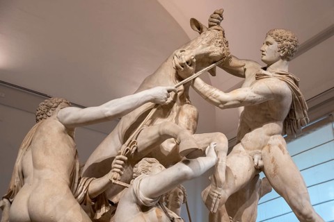 NAPLES, ITALY, MAY 06, 2022, Famous giant ancient Roman statue of the Farnese Bull in Naples,