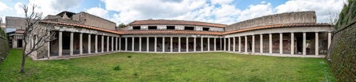 OPLONTIS, ITALY, MAY 03, 2022, Garden and colonnade of the ancient Roman Villa Oplontis near