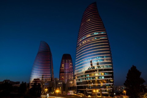 Azerbaijan, Baku, Flame Towers at night, Baku, Azerbaijan, Azerbaijan, Asia