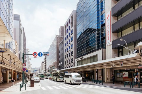 KYOTO, JAPAN - MAY 14, 2019: Modern streetscape during the day in Kyoto, Japan, Asia