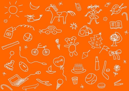 A set of various child's drawings over white