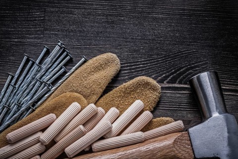 Leather gloves stainless construction nails claw hammer wooden dowels