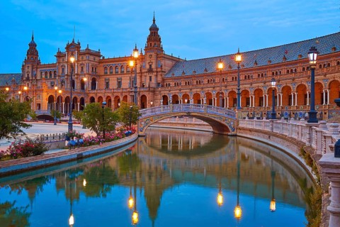 Seville Sevilla Plaza de Espana at sunset in Andalusia Spain square