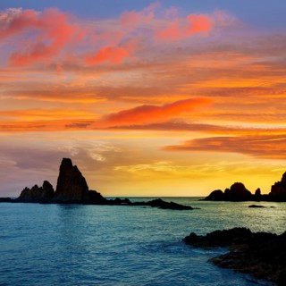 Almeria Cabo de Gata las Sirenas point sunset rocks in Mediterranean sea of Spain