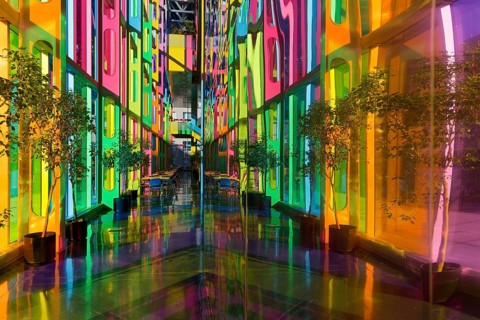 Colourful window reflections in the convention centre, Montreal, Province of Quebec, Canada, North