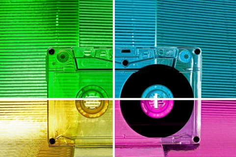 Transparent Cassette tape. Multicolored background
