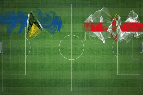 Saint Lucia vs Northern Ireland Soccer Match, national colors, national flags, soccer field,