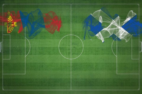 Mongolia vs Scotland Soccer Match, national colors, national flags, soccer field, football game,