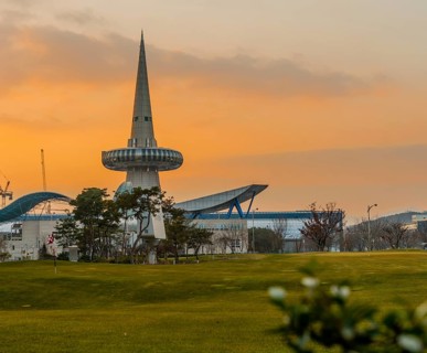 Daejeon, South Korea, December 23, 2019: Space needle at Expo Park behind exhibition buildings at